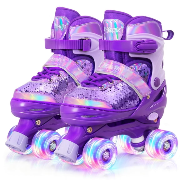 Kids Roller Skates for Girls Boys Kids 4 Size Adjustable Quad Skates with All Light up Wheels for Kids Beginners, Birthday Gift, Indoor Outdoor Sports