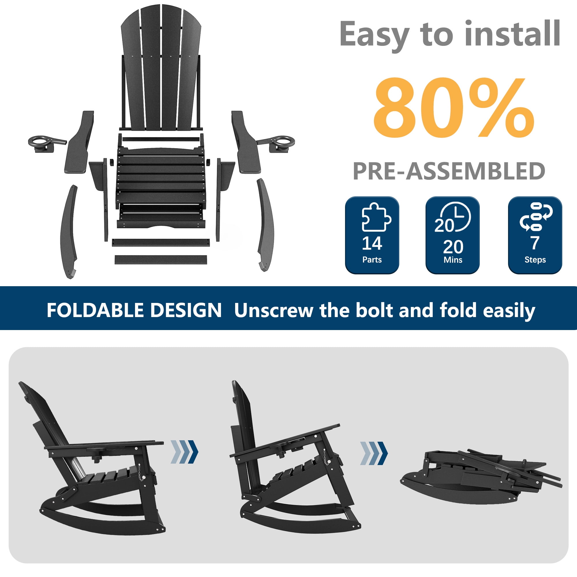 FOOWIN HDPE Plastic Rocking Adirondack Chair, Folding Rocking Chairs for Patio Porch Rocker Chair, Black