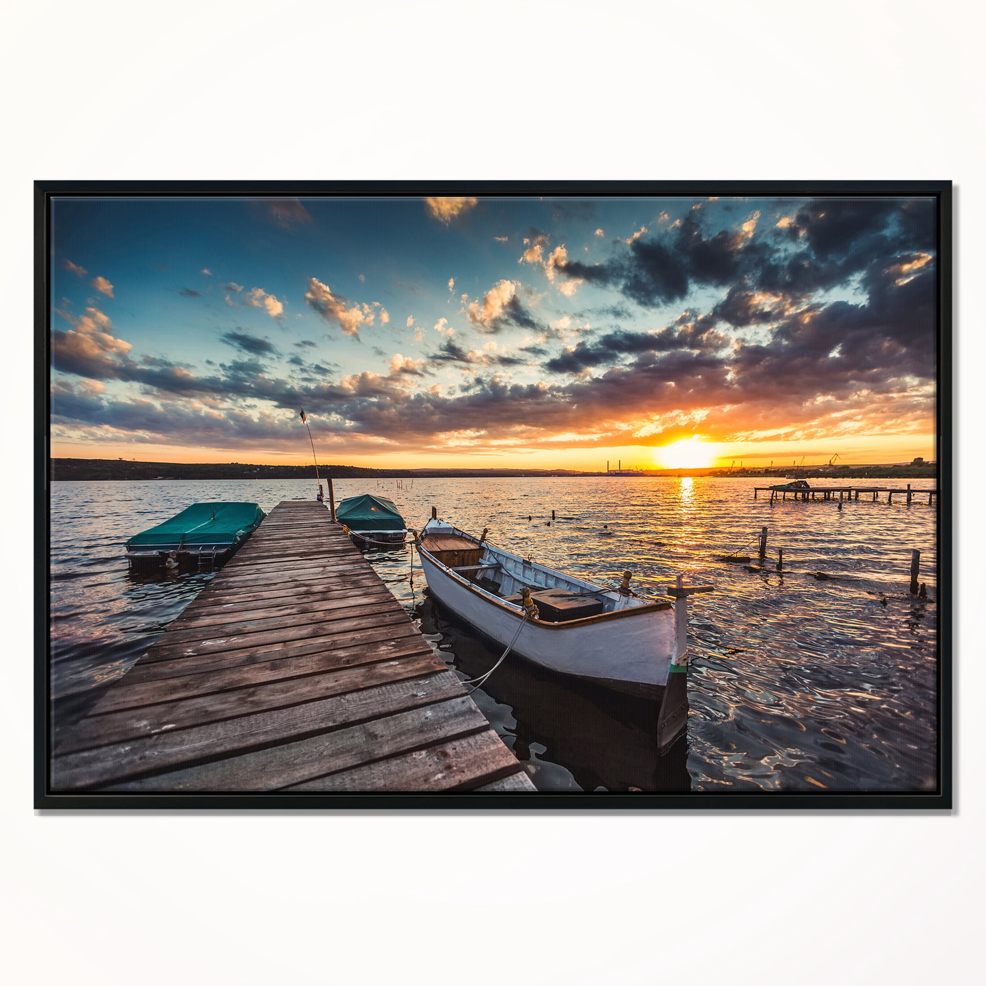 Designart ' Boats and Jetty under Dramatic Sky ' Modern Framed Canvas Art Print