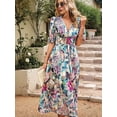 thumbnail image 3 of Womens Summer Dresses 2025 Casual Puff Short Sleeve V Neck Floral Boho Maxi Dress Green S, 3 of 8