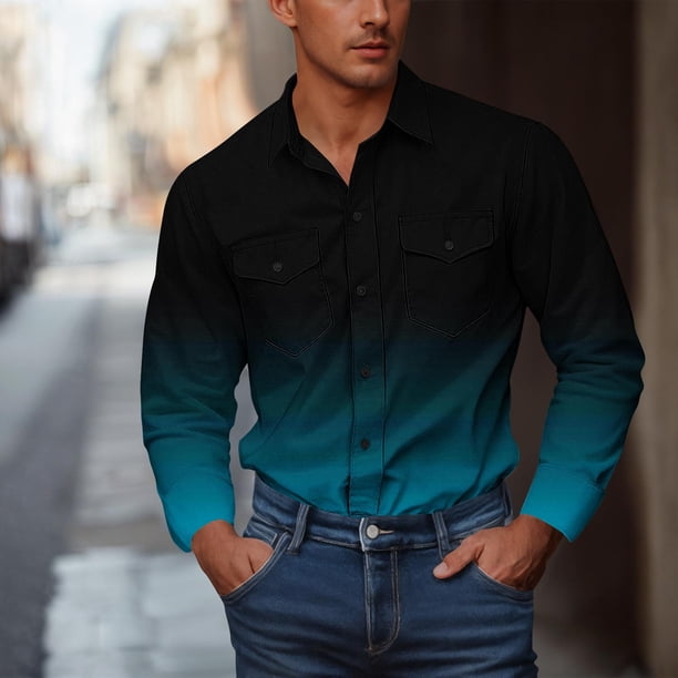 Blusa y camisa de manga larga con cuello vuelto para hombre, estilo informal, a la moda, con botones, bolsillos dobles y estampado degradado, camisa de trabajo de manga larga con cuello vuelto, blusa