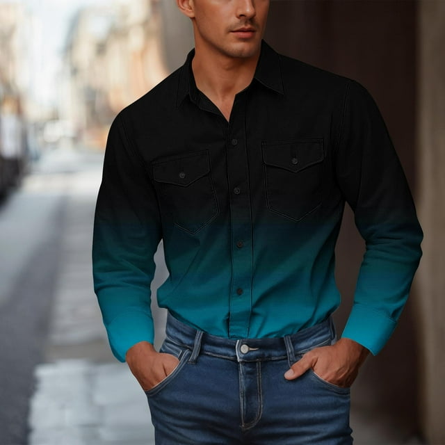 Styesk Chemises pour Hommes Hommes Décontracté Mode Bouton Double Poches Imprimé Dégradé Manches Longues Col Rabattu Chemise de Travail
