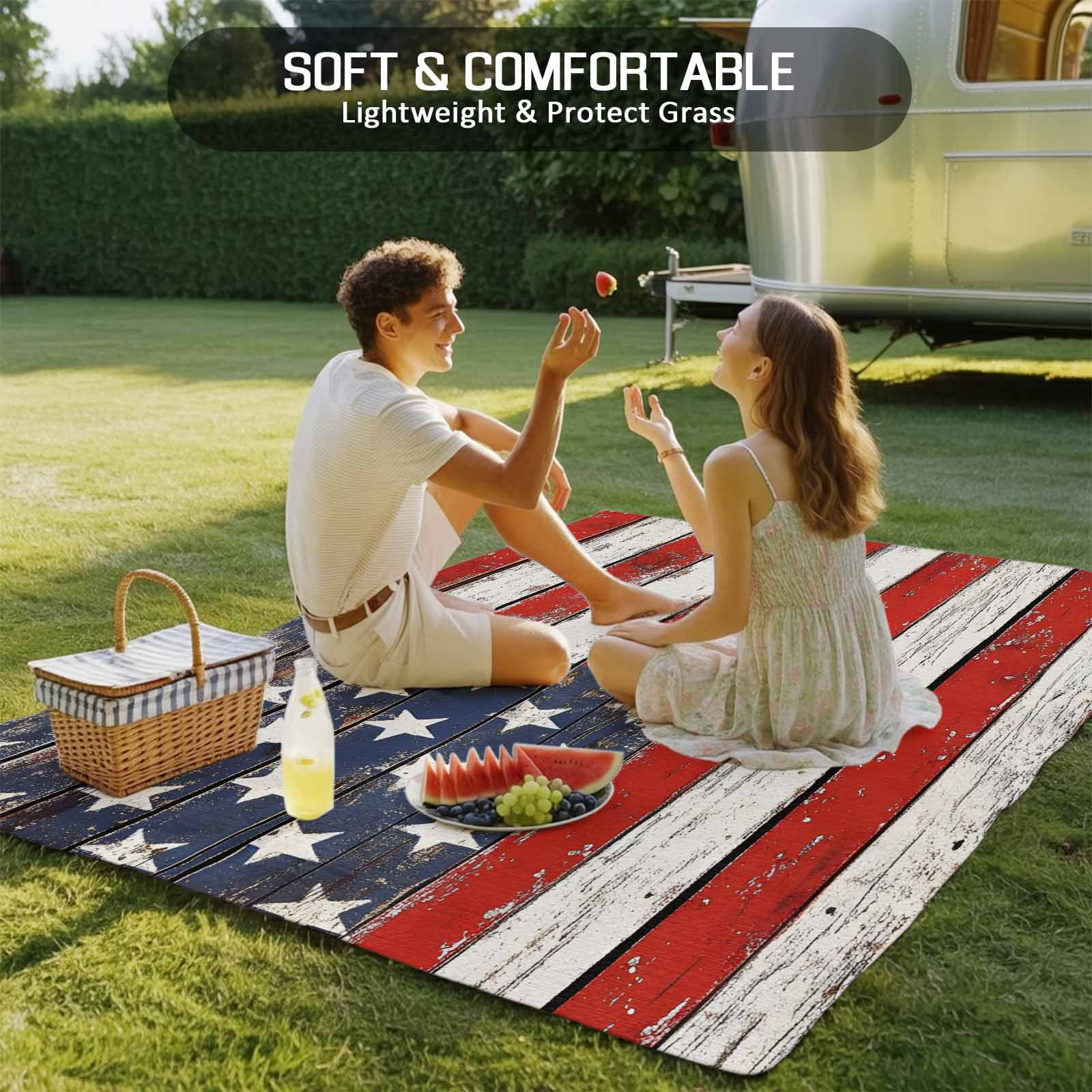 Outdoor Rug 5x7 ft 4th of July Waterproof Outdoor Patio Rug Mat Non Slip Outside Area Rugs Carpet for RV,Camping,Porch,Deck,Pool,Balconybackyard,Patriotic Wood American Flag Red White and Blue