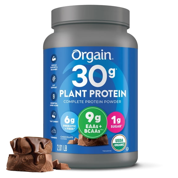 Orgain Organic Vegan 30g High Protein Powder, Plant Based Shake Drink, Prebiotic Fiber, Chocolate, 2.01lb