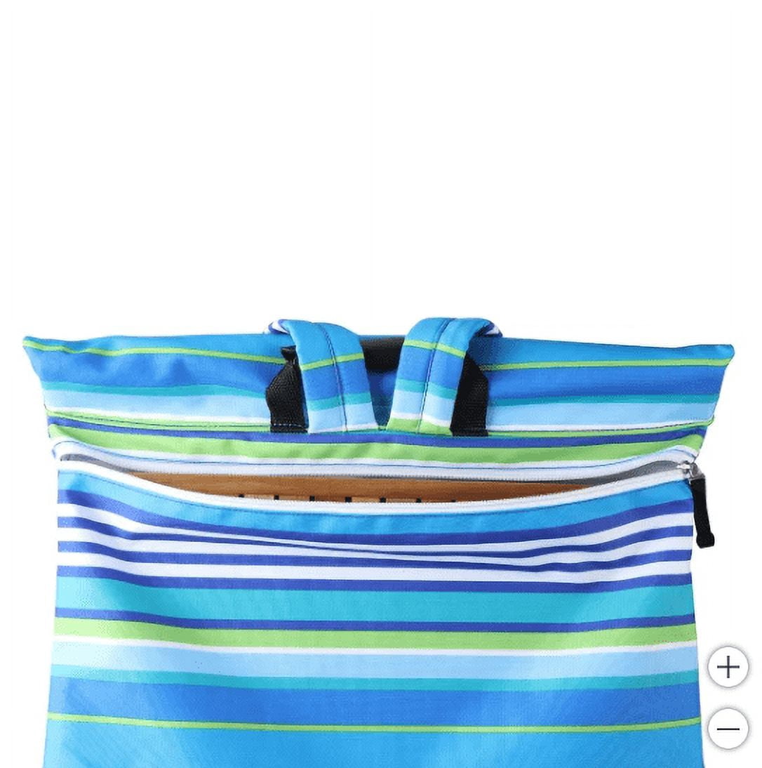 Melino Portable Beach Lounger with Acacia Wood Folding Table - Lightweight, Adjustable and Padded Backrest, Outdoor Chair with Backpack Straps and Large Pouch for Storage - Blue Stripe