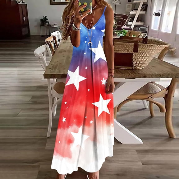 Uootdi Dresses for Women American Flag Print Spaghetti Strap V Neck Maxi Length Loose Fit Breathable Sundresses Casual Versatile Dresses Patriotic Holiday Wear Gift
