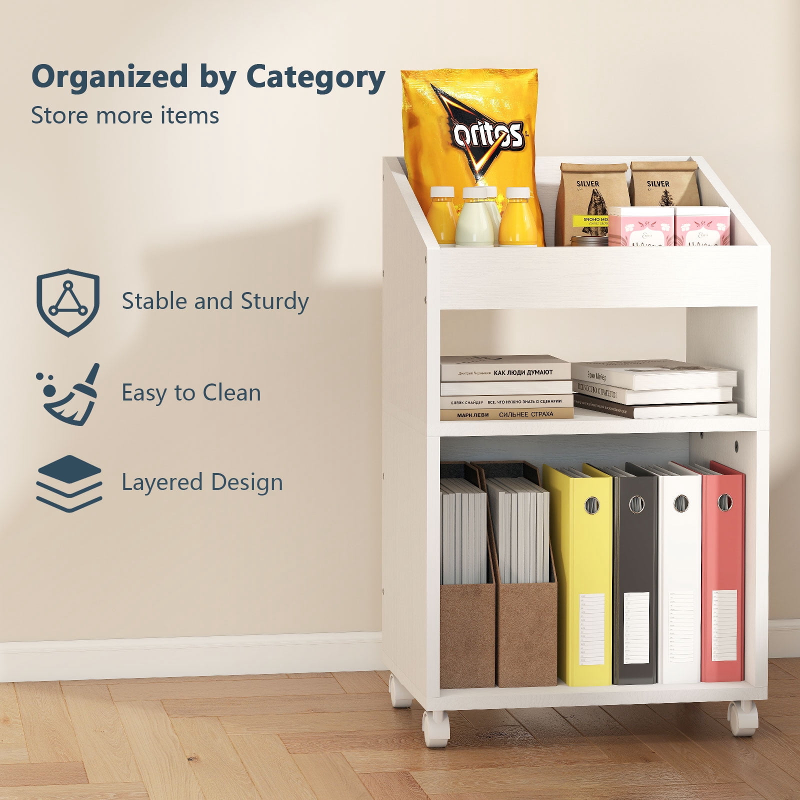Permory 3-Tier Mobile Files Cabinet, Under Desk White Storage Organizer with Wheels for Home Office