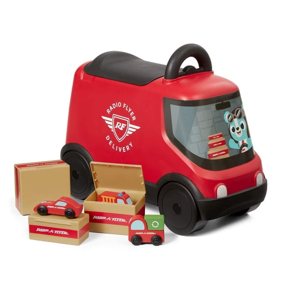 Radio Flyer Ride and Deliver Truck, Foot-to-Floor, with Included Toy Cars, for Toddlers