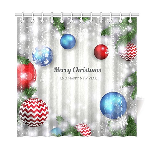 Cortina de Ducha ABPHQTO Bolas de Navidad y Feliz Año Nuevo Tela Impermeable 160x180 cm