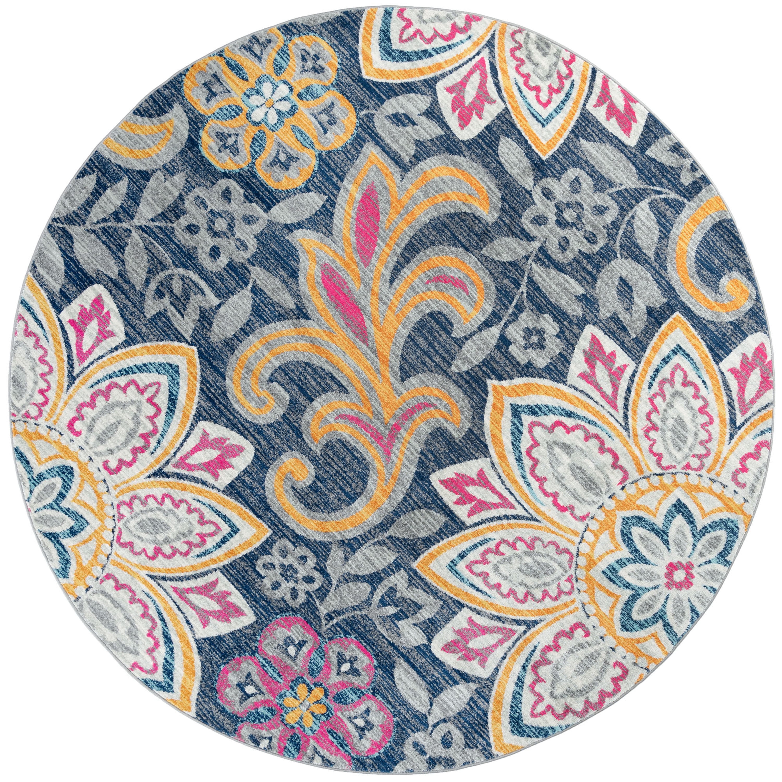 Transitional Area Rug (5'3'' Round) Floral Pink, Navy Indoor Round Easy to Clean