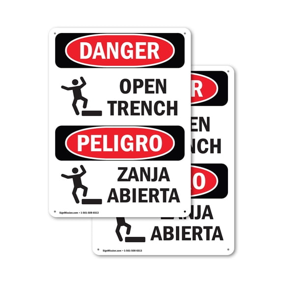 (2 Pack) Open Trench OSHA Danger Sign 10 Inch X 14 Inch Indoor / Outdoor Rust-Free Aluminum Metal Signs for Workplace, Workshop, and Construction Site, Made in the USA