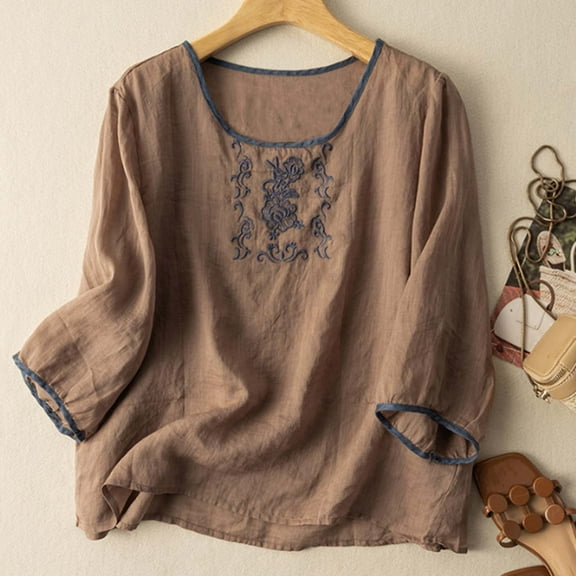 SNKSDGM Women's Plus Casual Easter Shirt Womens Shirts Casual V Neck Women’S Summer Linen 3/4 Sleeve T Shirt Ethnic Style Casual Embroidered Vintage Fashion Top Womens Tops Dressy Blouses Long Sleeve