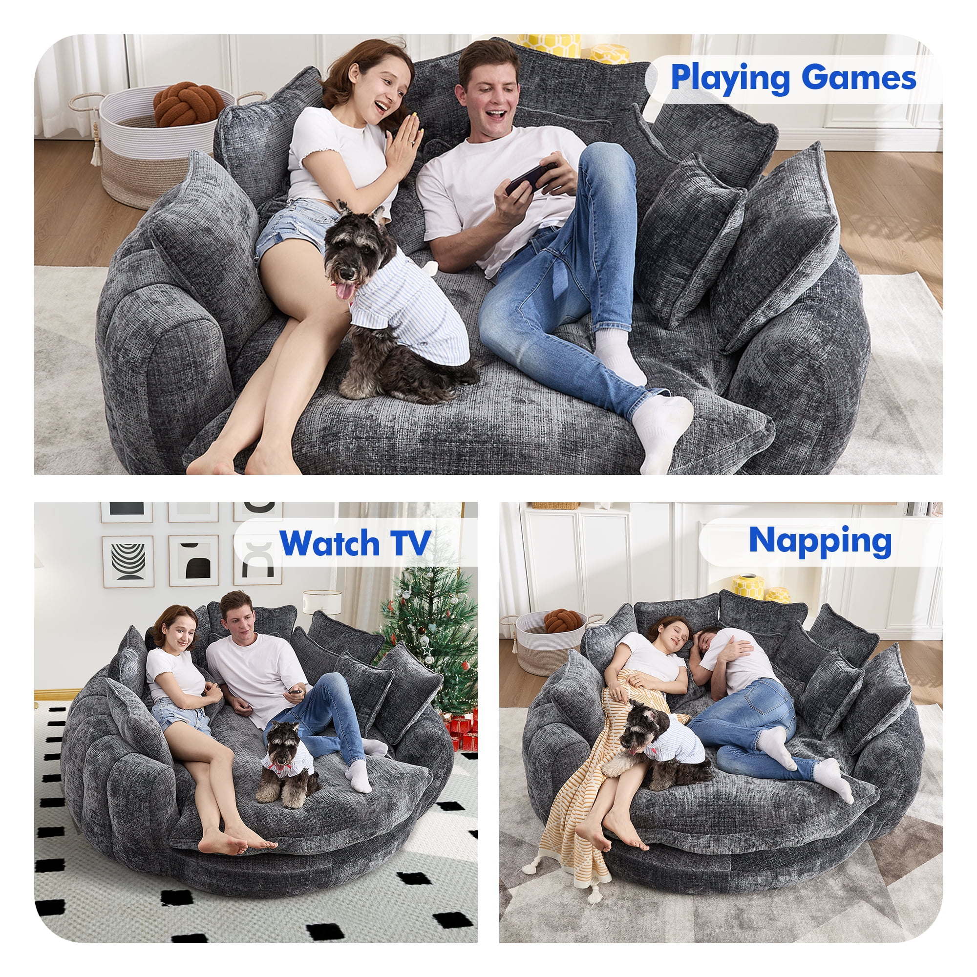 Aukfa 81" Oversized Round Chaise Lounge Sofa Bed, Modern Chenille Cloud Couch with Deep Seat, 14 Pillows, Assemble-Free, Gray