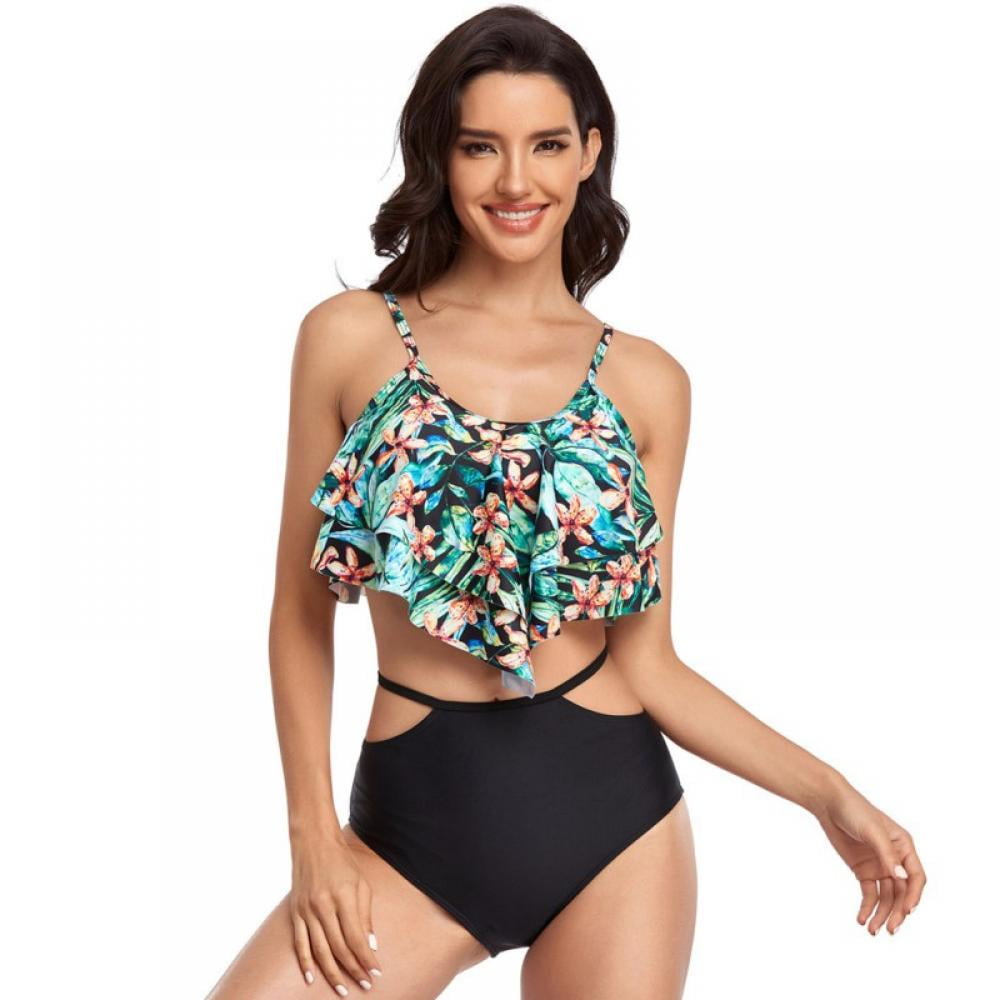 Tankini Swimsuits for Women Flounce 2-Piece Top Swimwear High Waisted Bikini Bottom Plus Size Tummy Control Bathing Suits 