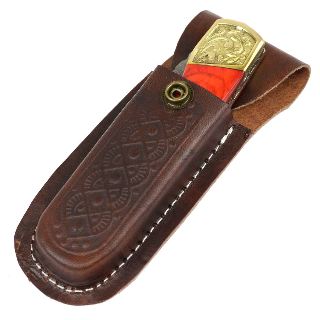 TheBoneEdge 9' Hand Made Damascus Blade Folding Knife Pakkawood Handle Orange