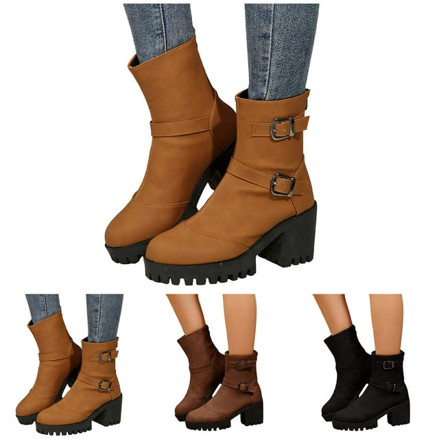 Pandaie Bottes à Plateforme pour Femmes à la Cheville Bout Rond Talon Bloc Épais Bottillons d'Automne Semelle Crantée Boucles Escarpins Habillés à Talon Chaussures Noires 6