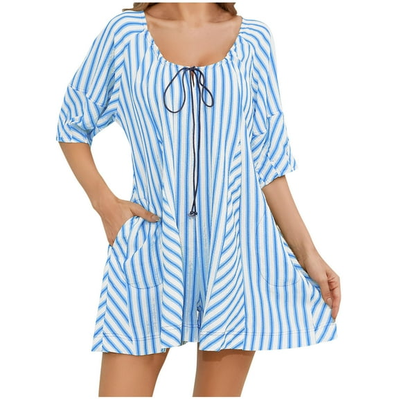 Womens Striped Puff Sleeve Shorts Romper Adjustable Neck Wide Leg Oversized Mini Dress Jumpsuit with Pockets