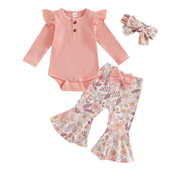 eczipvz Newborn Baby Girl Fall Outfits Ribbed Long Sleeve Ruffle Romper Floral Flared Pants Headband Set Winter Clothes Size 12-18 Months