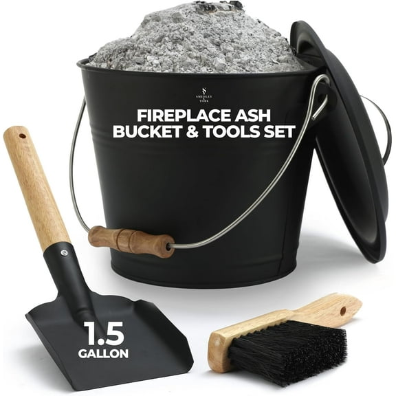 2.15 Gallon Black Ash Bucket and Fireplace Tool Set with Lid, Shovel & Broom