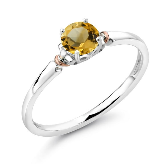 Gem Stone King 925 Sterling Silver and 10K Rose Gold Yellow Citrine Solitaire Engagement Ring for Women (0.73 Cttw, Gemstone November Birthstone, Round 5MM, Available in Size 5, 6, 7, 8, 9)