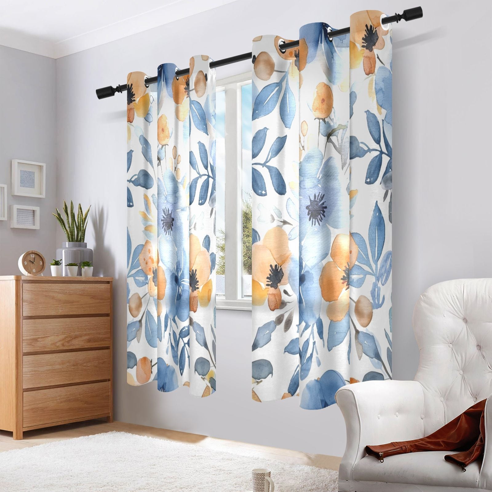 Flowers Leaves Painting Blackout Curtains Thermal Insulation 63 inch Grommet for Bedroom Living Room Bathroom Kitchen Windows 2 Pack