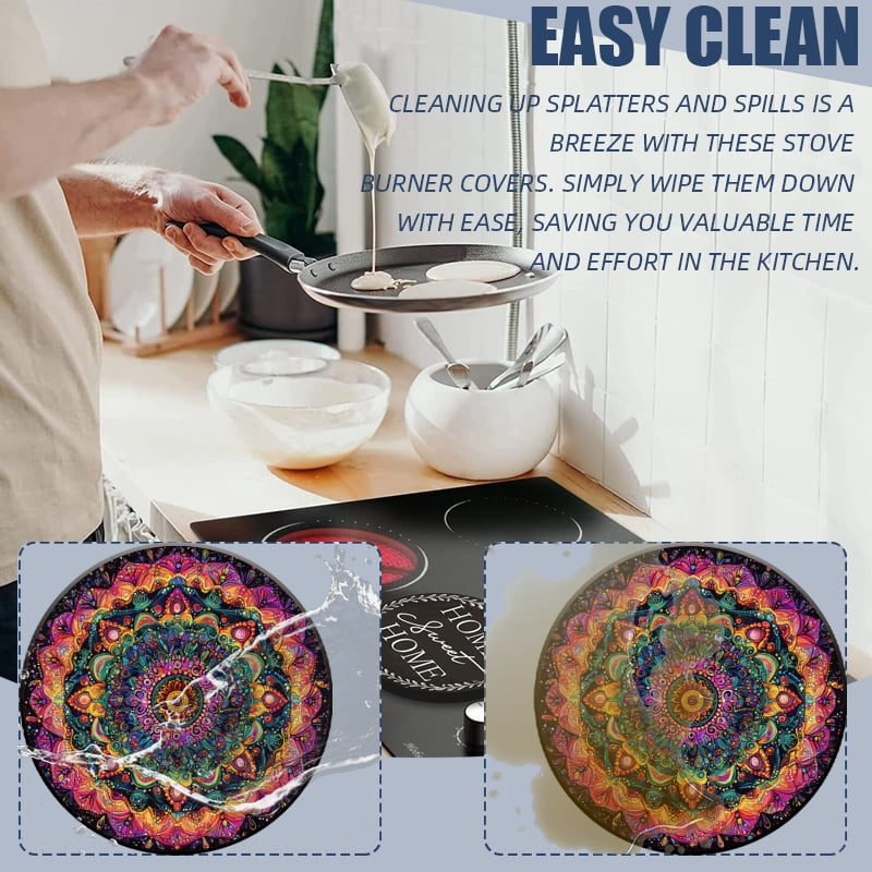 Round Burner Covers for Electric Stove, Boho Folk-Custom Vintage Flowers Pattern Metal Stove Burner Covers Expands Counter Space Set of 4, 8 Inches and 10 Inches