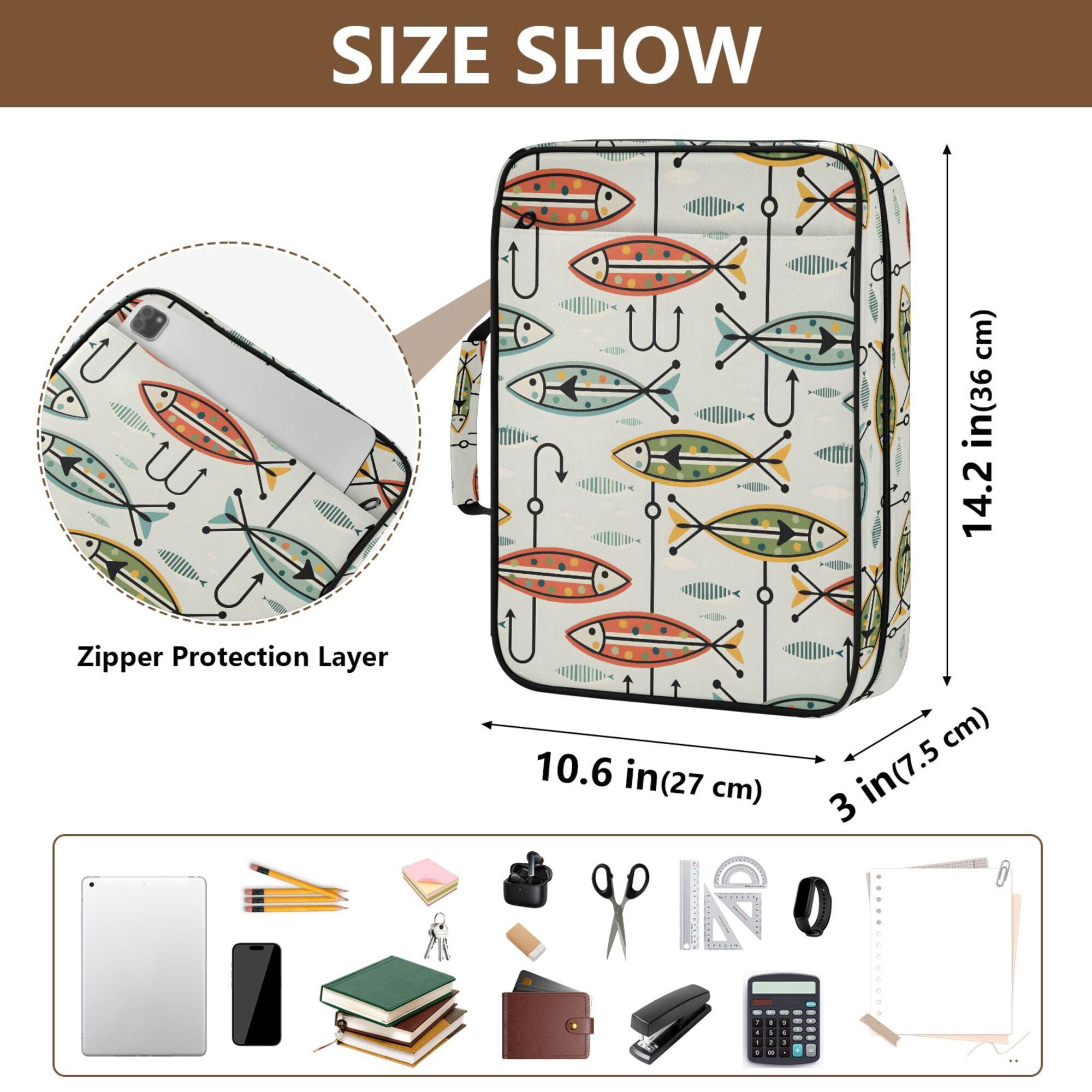 FORMRS Accordion File Folder A4 Size 7-Pocket Expanding Document Organizer Bag with 3 Ring Binder, Abstract Fish Pattern