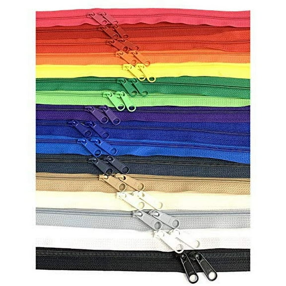 4.5mm YKK Zipper with Double Pull Purse or Handbag Zippers Head to Head Sliders Made in USA (30 Inches - 15 Zippers, Assorted Colors)