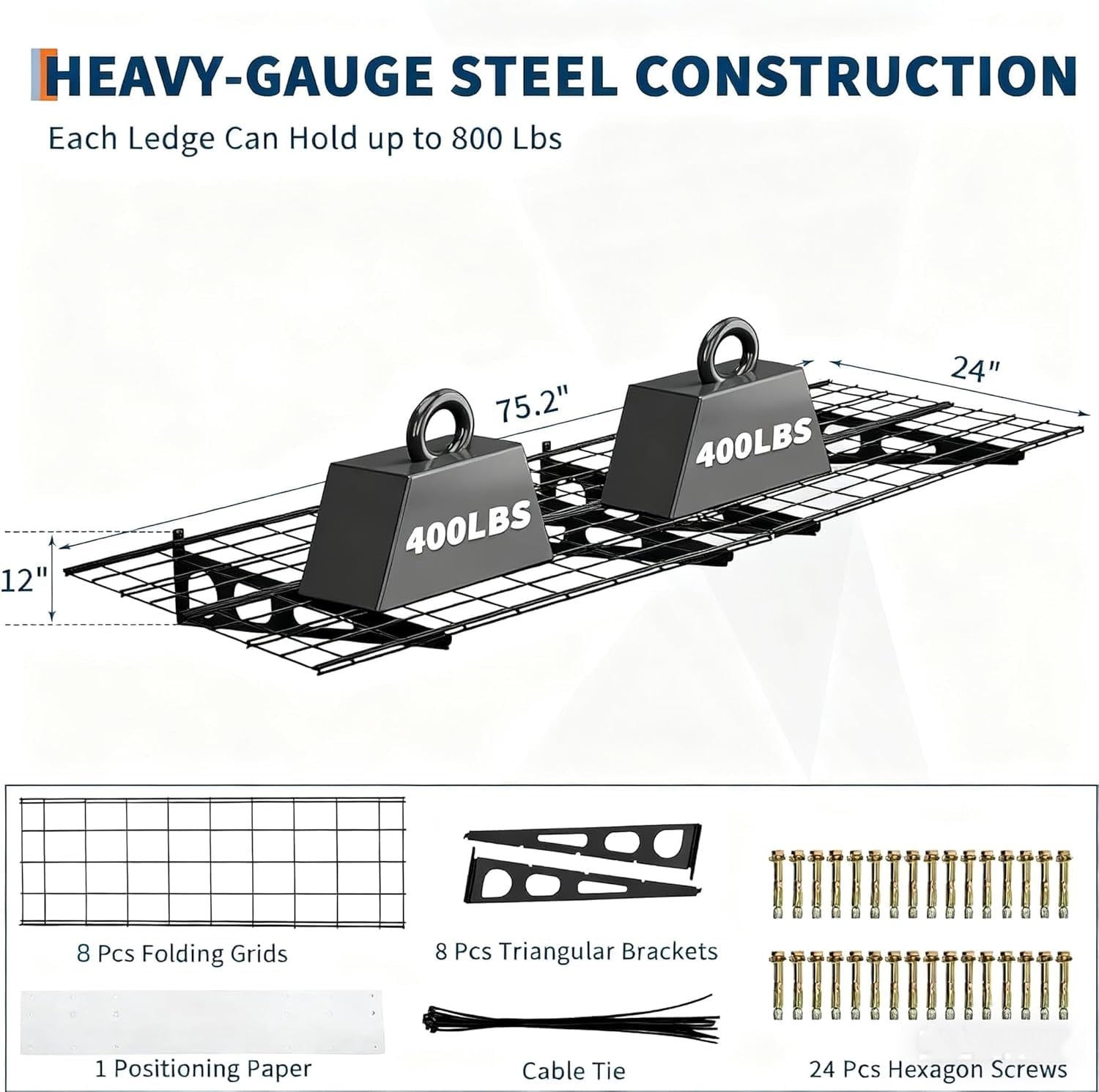 2-Pack Heavy Duty Wall Shelves， 2x6ft Folding Storage System with 1600 lb Capacity — Heavy-Duty Garage & Warehouse Shelving