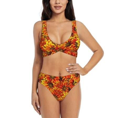 Zeuib Sunflower4 High Waisted Tummy Control Bikini Set - Knot Front Push Up Top & Cheeky Thong Bottom  Two-Piece Swimsuit for Women-X-Large