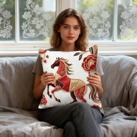 2026 Year of the Horse Decorative Pillow Cover - 45cm Red Festive Print Sofa Bed Cushion Cover, Washable with Hidden Zipper
