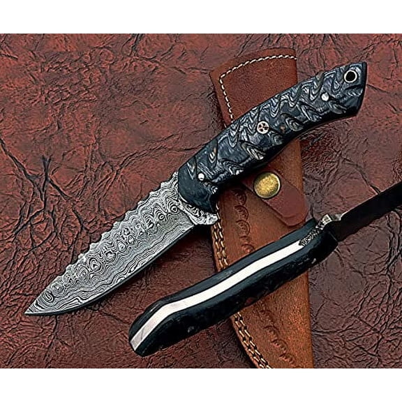 9" Long Drop Point Blade Skinning Knife, Hand Forged Rain Drop Pattern Damascus Steel Full Tang Blade, 2 Tone jigged Dollar Wood Scale, Cow Leather Sheath Included