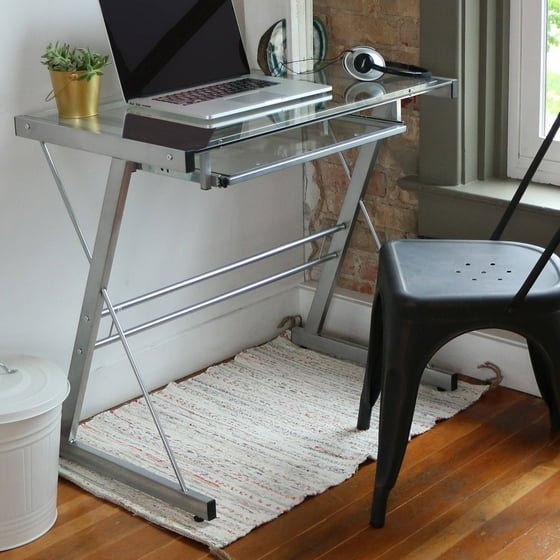 Walker Edison Glass Computer Desk With Keyboard Tray Silver Walker Edison Glass Computer Desk With Keyboard Tray Silver Com