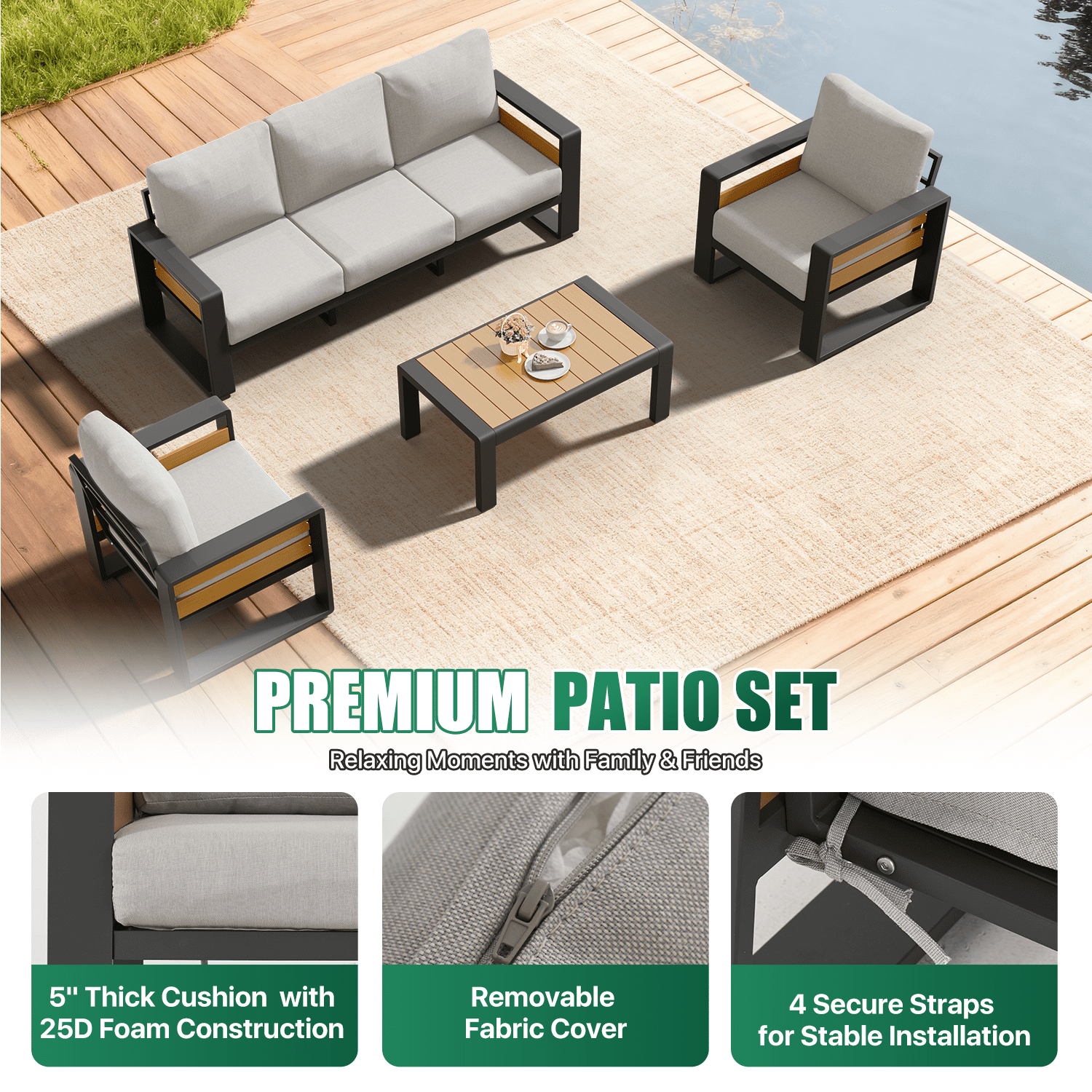 Clouddwell 5-Seats Aluminum Patio Furniture Set, Outdoor Metal Sofa Conversation Set with Coffee Table for Pool Garden Porch Backyard, Light Gray
