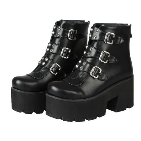 

Women Fashion Shoes Belt Buckle Back Zipper High-Heeled Thick-Soled Short Boots