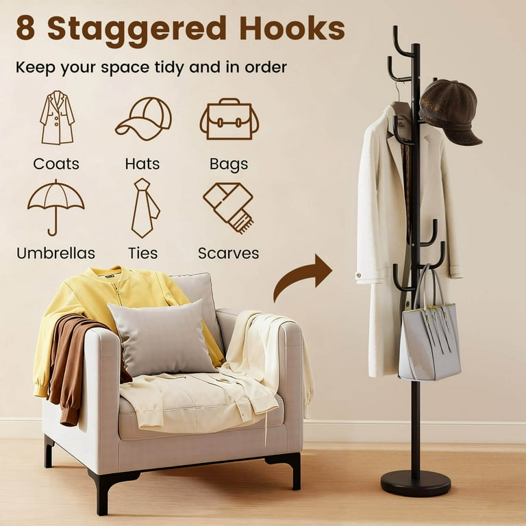 Costway Metal Coat Rack, Black, 8 Hooks, Vertical Design, Stable