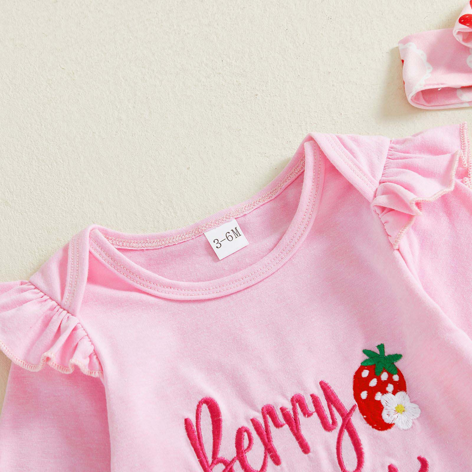 Gelikeya Baby Girl First Birthday Outfit Long Sleeve Berry Romper Strawberry Flare Pants Bow Cake Headband 3pcs Valentines Spring Fall Clothes, Pink & 6-12 Months