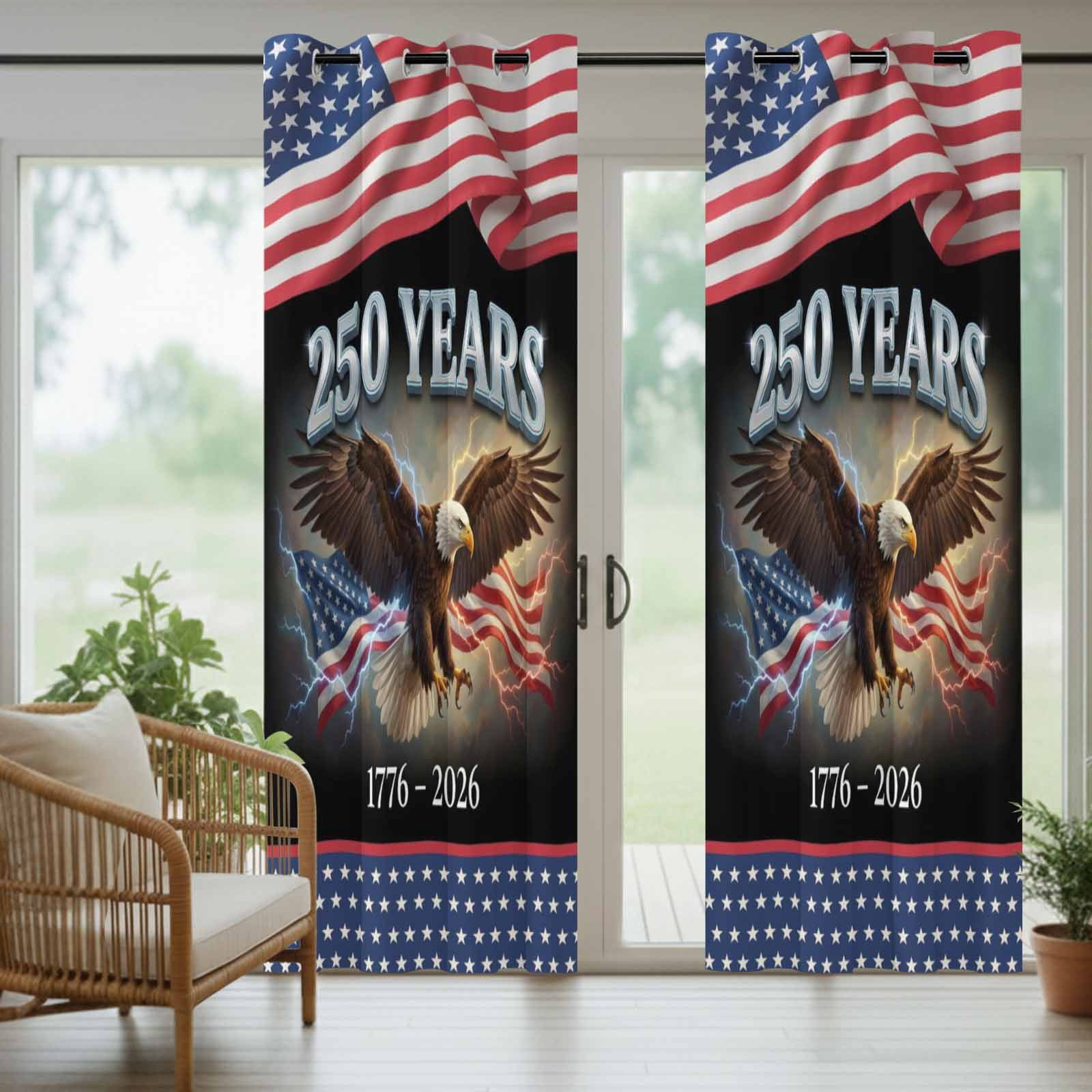 America Years Eagle Outdoor Curtains for Patio, Independence Day Lightning Red Blue Star Flag Sunshade Privacy Drapes Grommet Waterproof Outside Curtains for Porch/Cabana/Balcony 54"x 108", 1 Panel