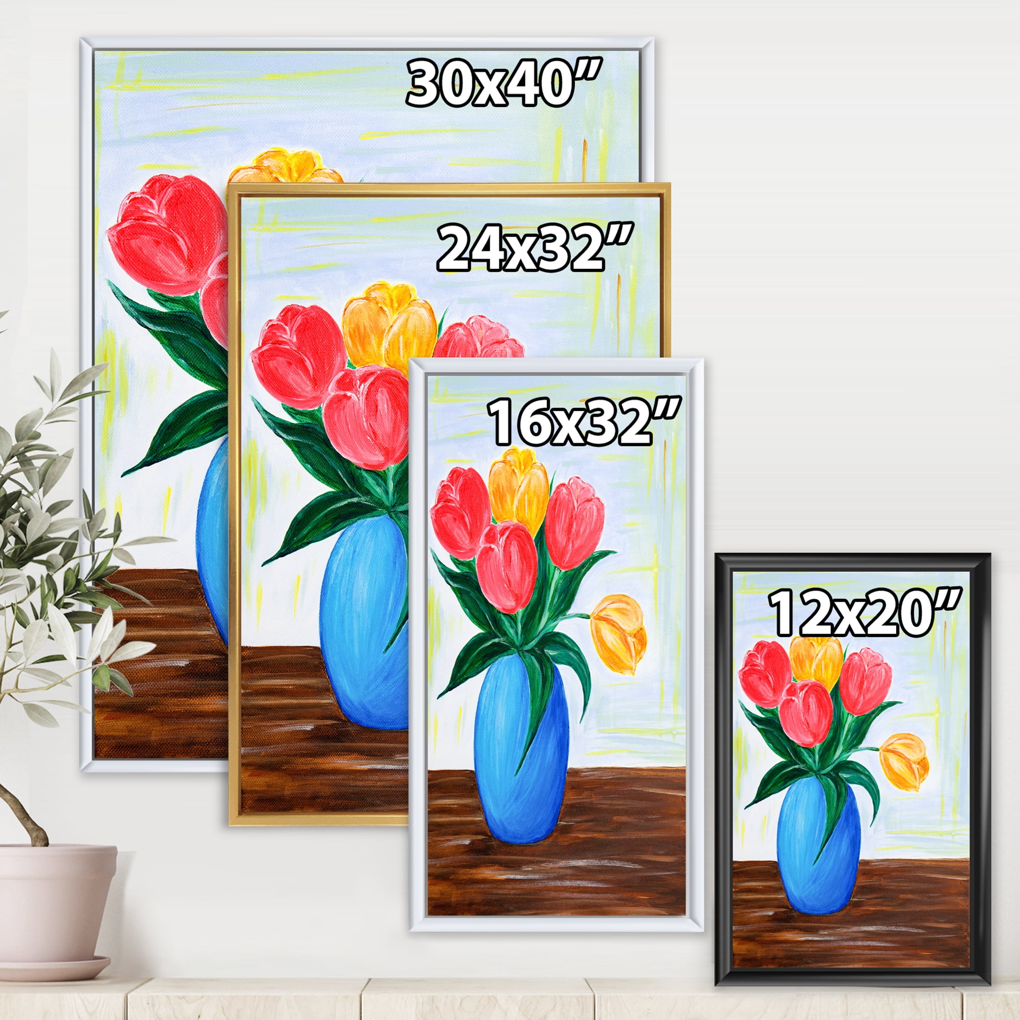 Bouquet Of Orange and Red Tulips In A Vase 12 in x 20 in Framed Painting Canvas Art Print, by Designart