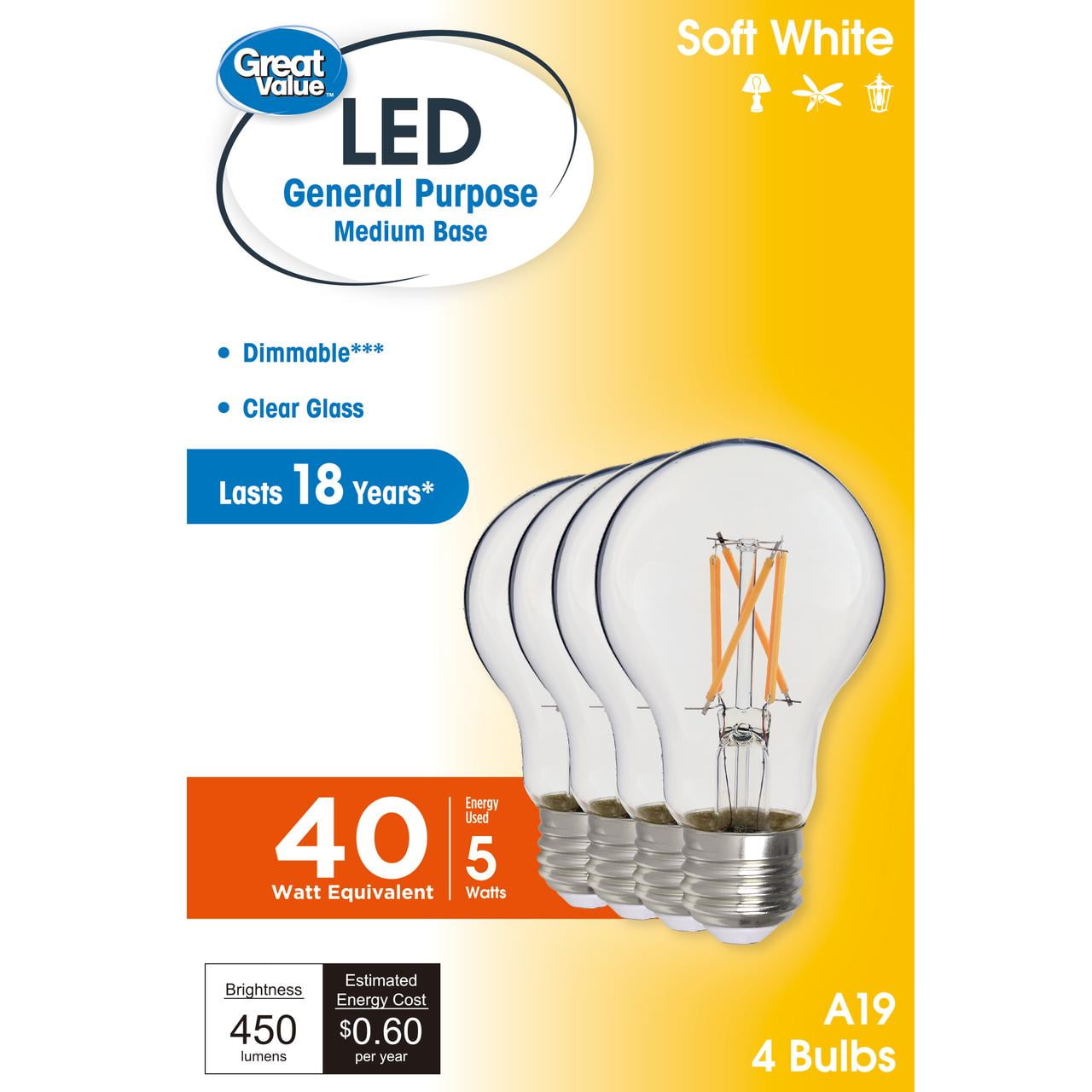 (2 pack) Great Value 18YR A19 LED Light Bulb, 5W (40W Equivalent) Soft White Dimmable E26 Medium Base (4 Pack)