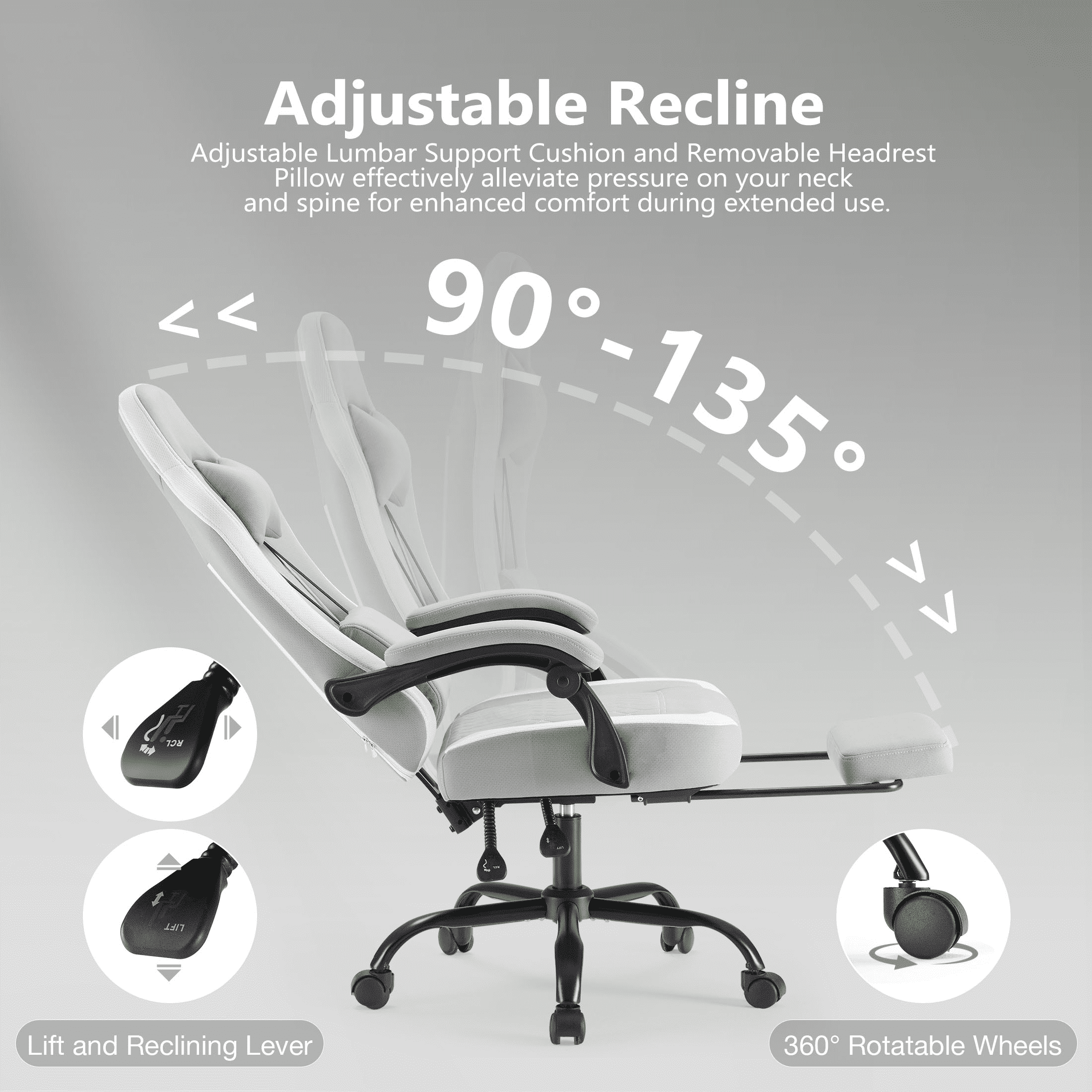 MAYEERTY Ergonomic Gaming Computer Chair with Pocket Spring Cushion, Adjustable Headrest Lumbar Pillow, 90°-135° Reclining Height Adjustable Desk Chair with Armrests