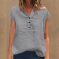 thumbnail image 2 of JSheng Womens Casual Shirts Women's V-neck Button Short Sleeved Shirt New Solid Color Cotton And Linen Tops, 2 of 5