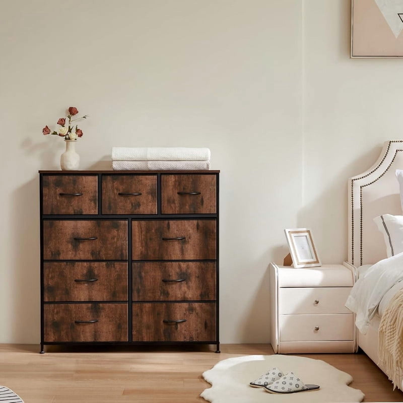 Kelno 9 Drawer Fabric Dresser Tall Storage Chest Drawer Organizer Storage Cabinet, Rustic Brown