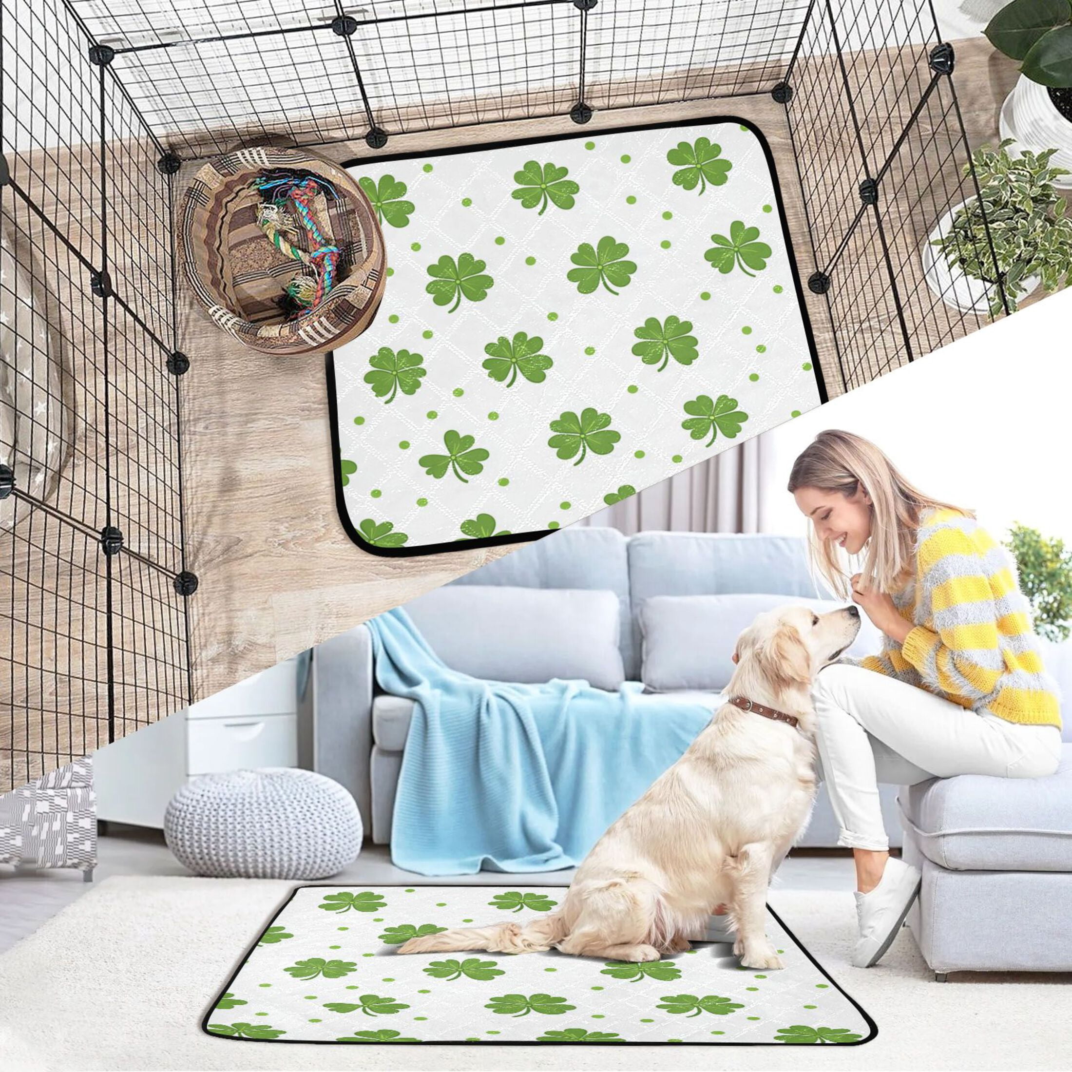 Washable Pet Pee Pads with Super Absorbent Reusable Training Pads for Dogs & Cats Shamrock Leaves and Polka Dots