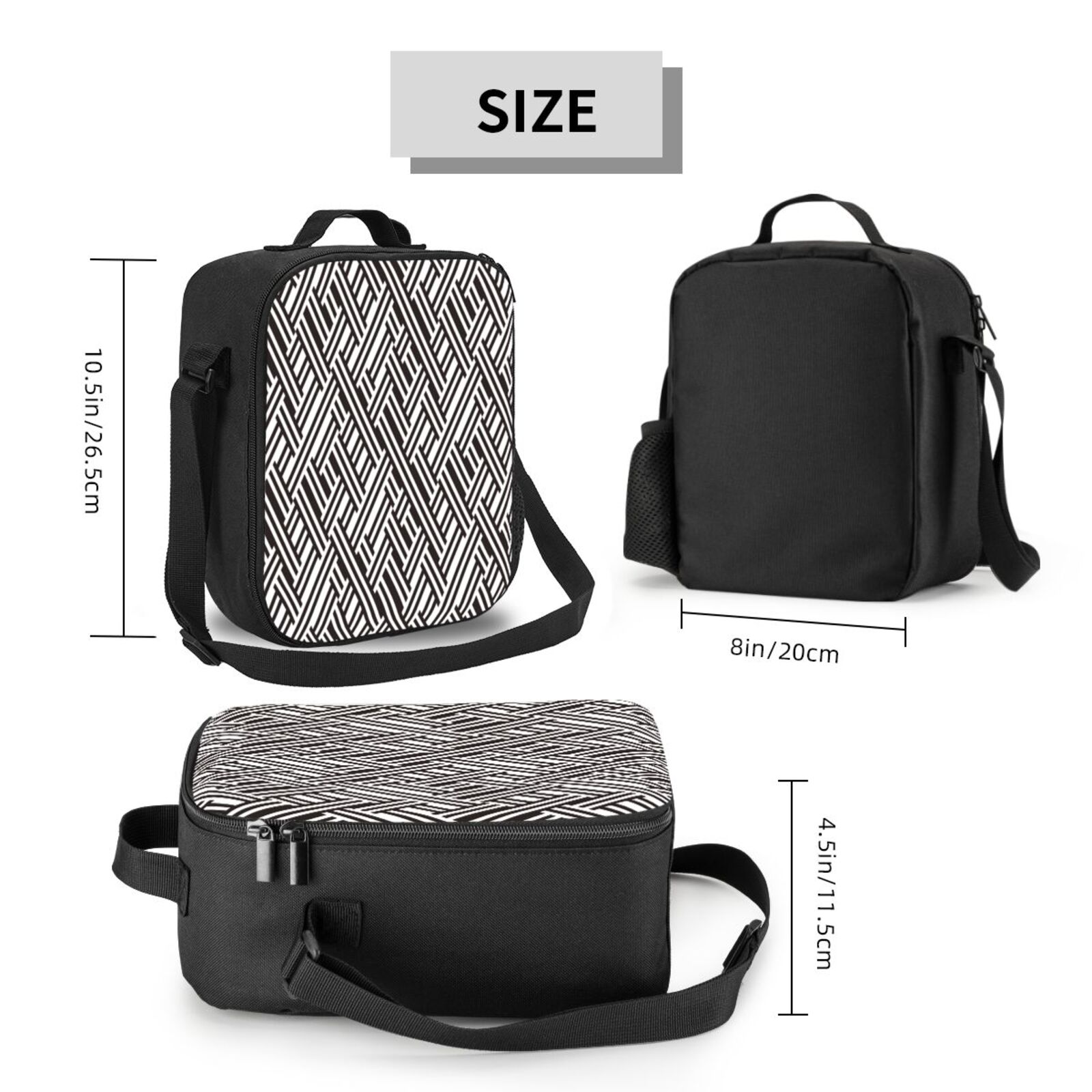 Rateoe Black White Stripes Lunch Bag Reusable Lunch Box with Shoulder Straps for Men Women Insulated Portable Lunchbox for adults Suitable for School Work Picnic