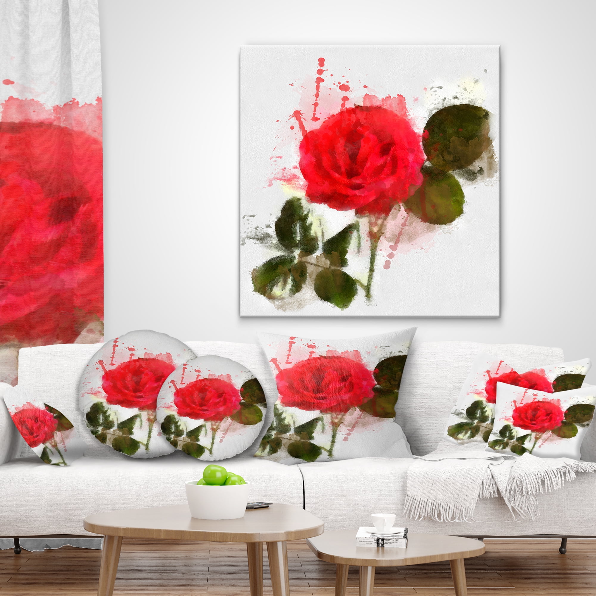 Designart Red Rose with Green Petals - Floral Throw Pillow - 12x20