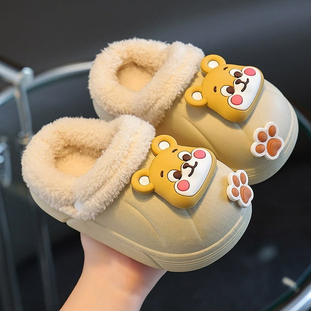 Pantuflas de algodón de invierno para niños y niñas, bonitas y cálidas pantuflas de algodón con dibujos de osos desmontables para ropa de abrigo