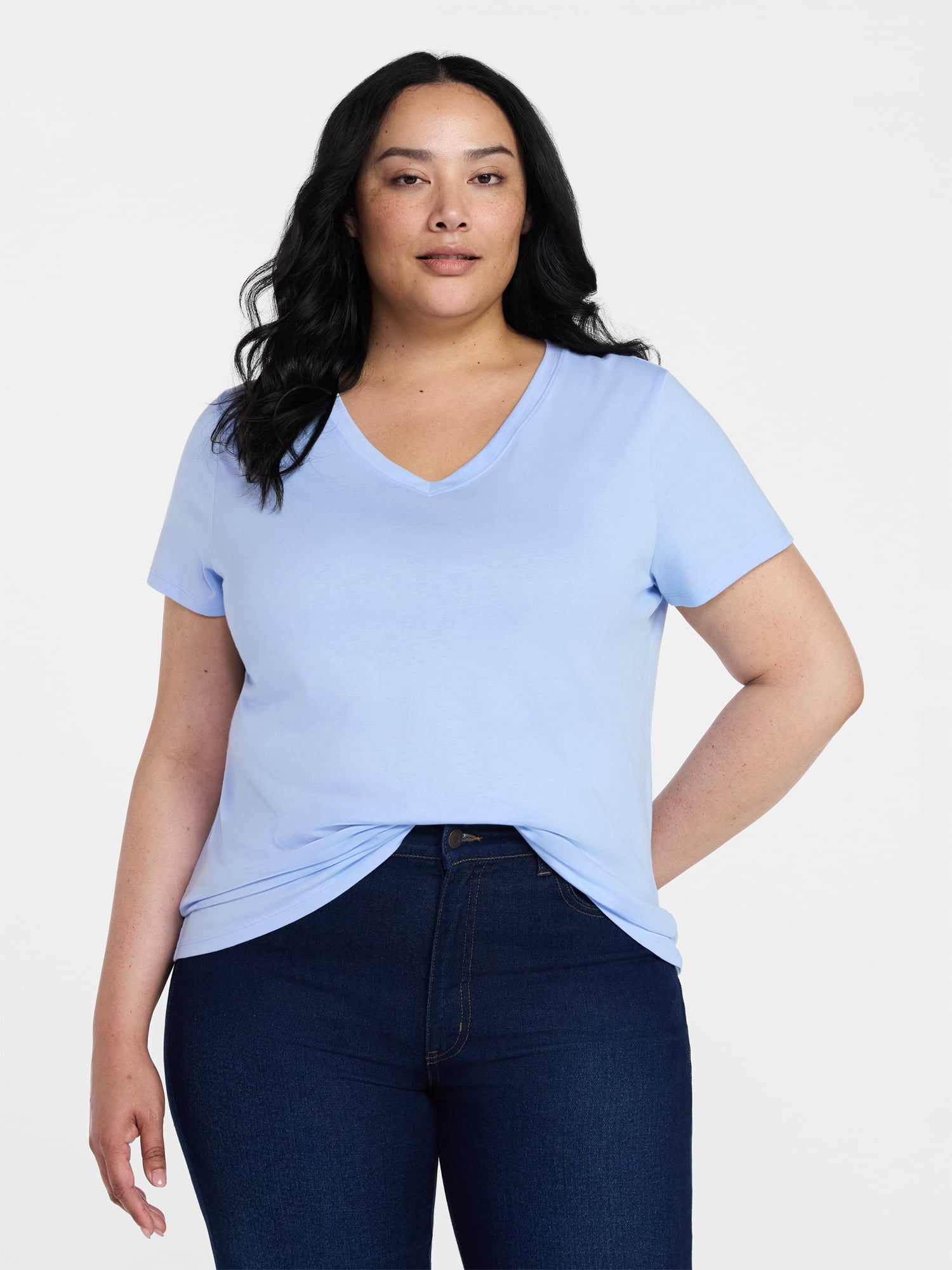 Time and Tru Women's Cotton V-Neck Tee with Short Sleeves, Sizes XS-4X