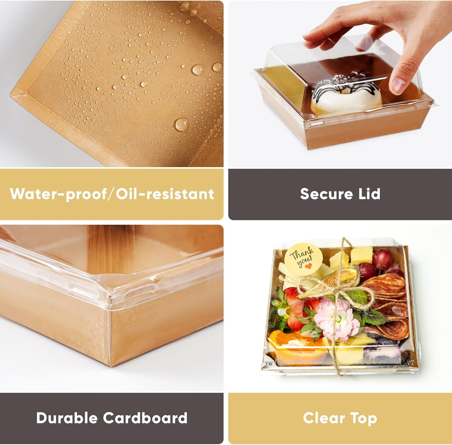 50 Pack Small Charcuterie Boxes with Clear Lids - To Go Paper Mini Charcuterie Box, Disposable Food Containers, 5 Inch Dessert Boxes (Brown)