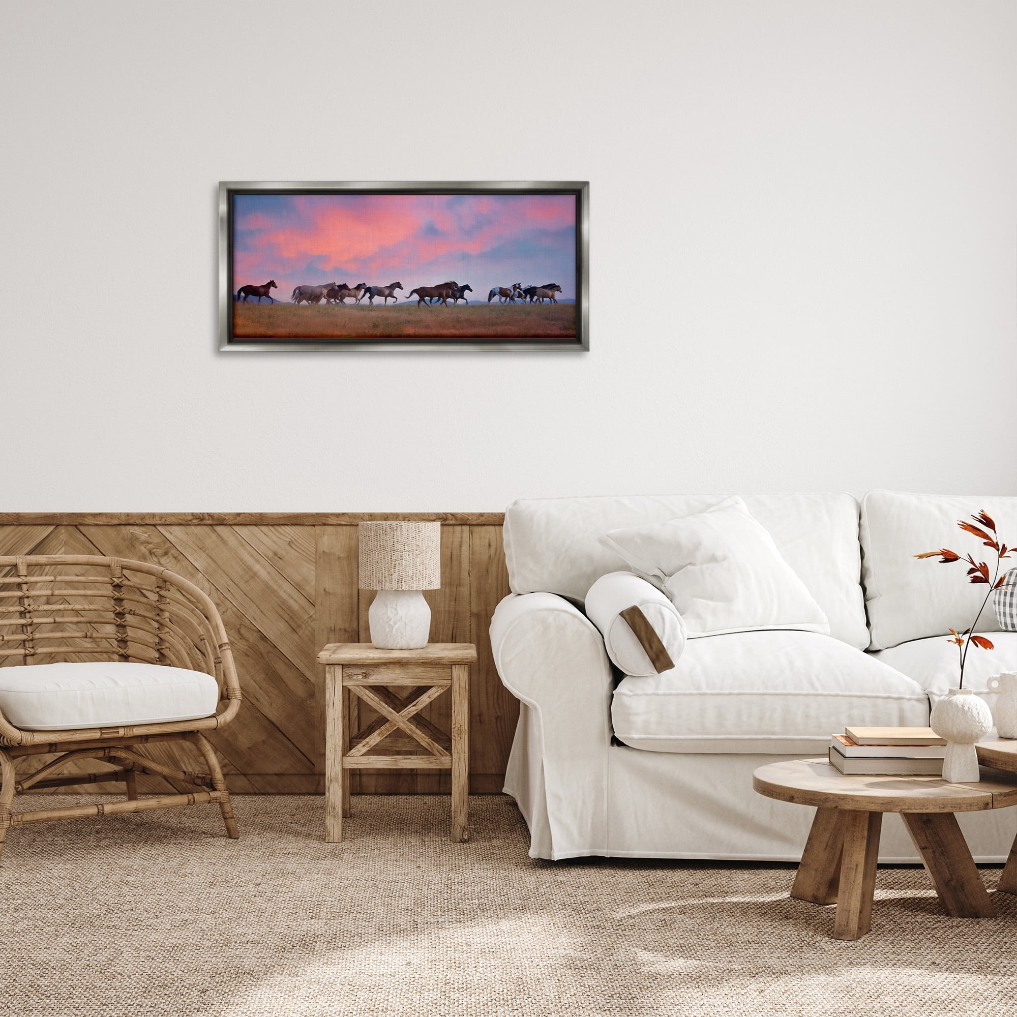 Stupell Industries Wild Horses at Sunset Animals & Insects Photography Gray Floater Framed Canvas Art Print Wall Art, 31 x 14
